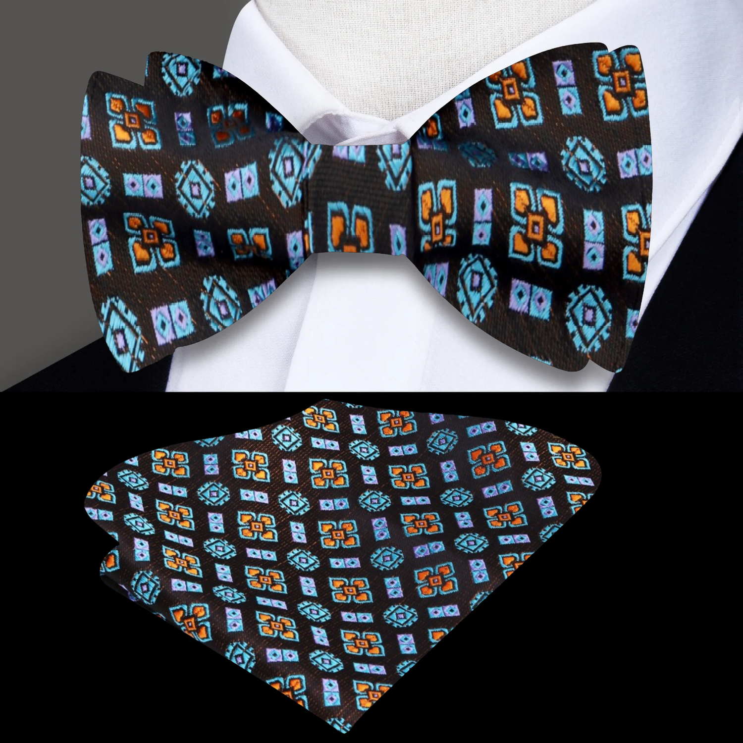 Brown, Orange, Teal Geometric Bow Tie and Pocket Square