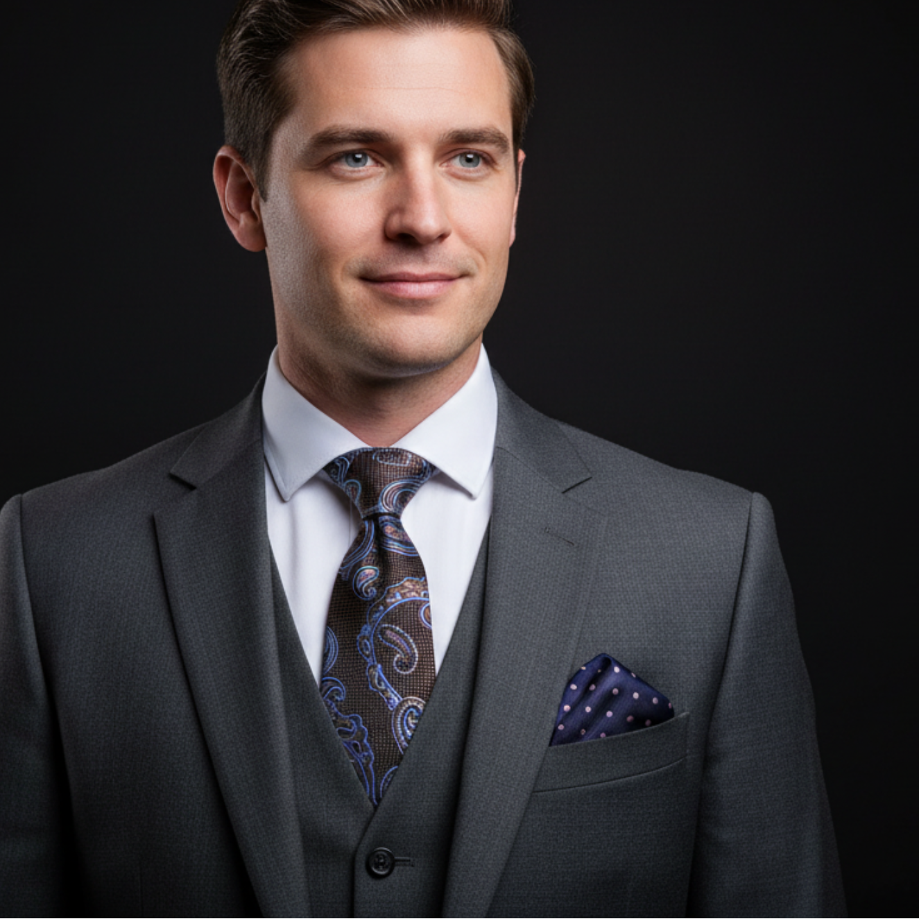 Man wearing a gray suit with a patterned tie and pocket square on a black background