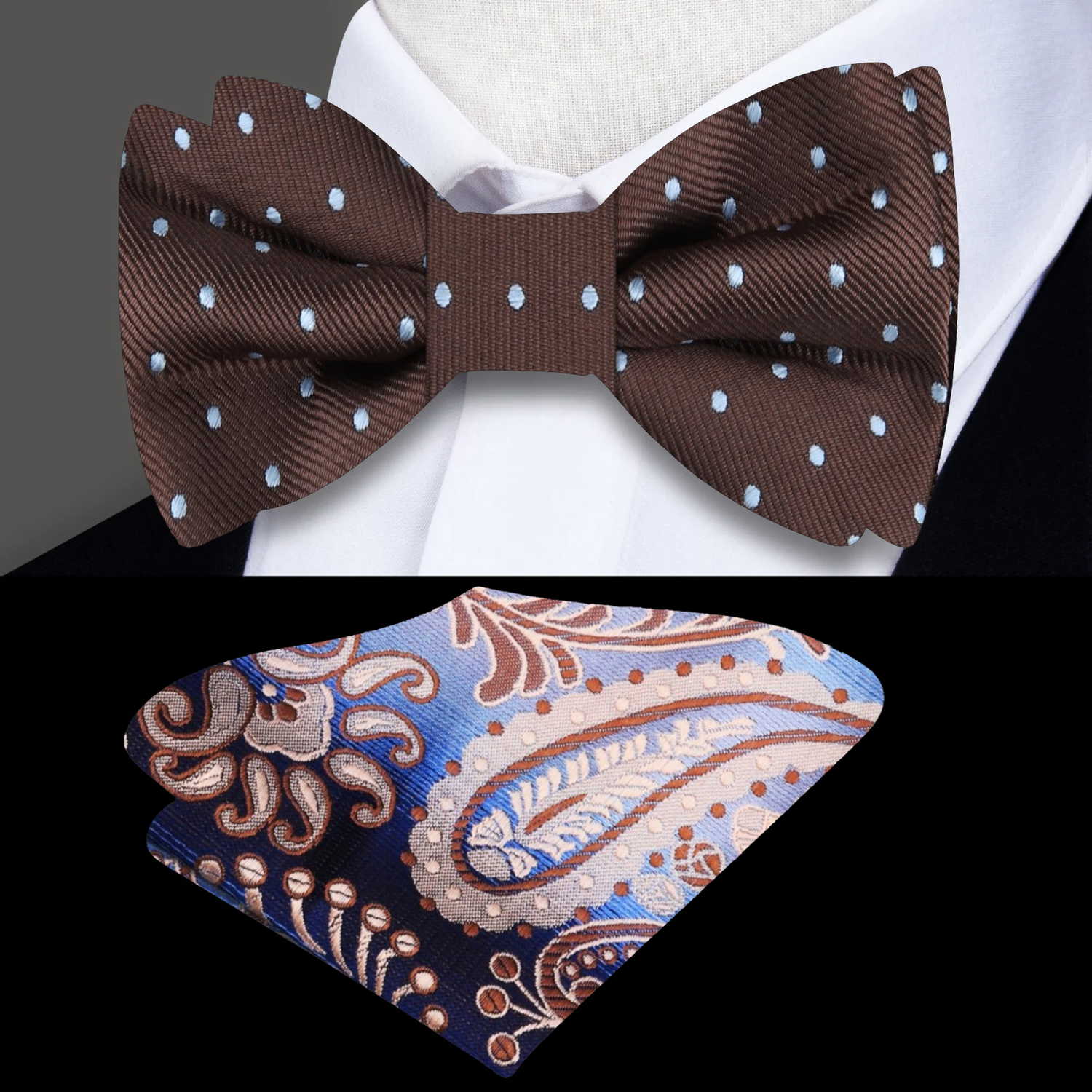 Brown, Light Blue Polka Bow with Accenting Paisley Pocket Square
