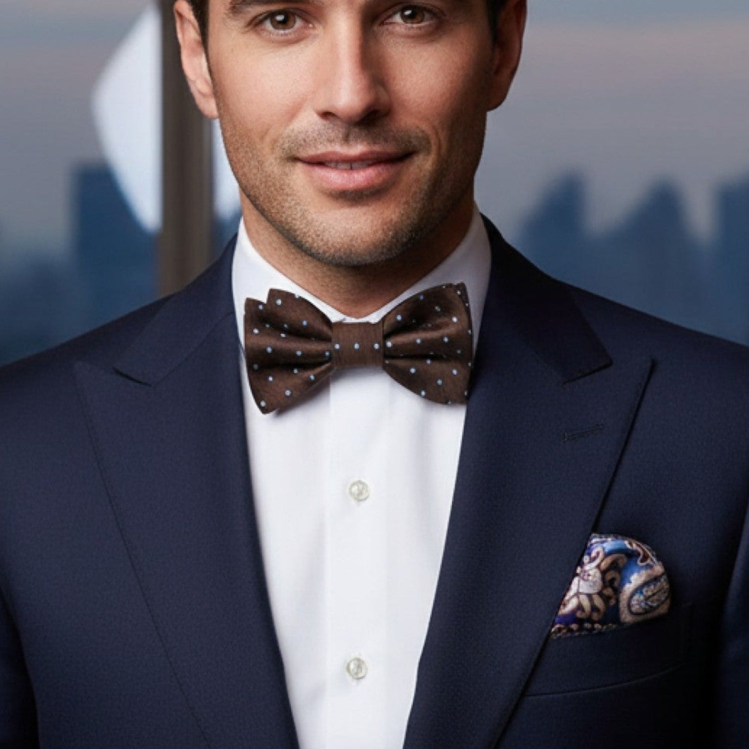 Man in a navy suit with a bow tie and pocket square, standing in front of a cityscape.