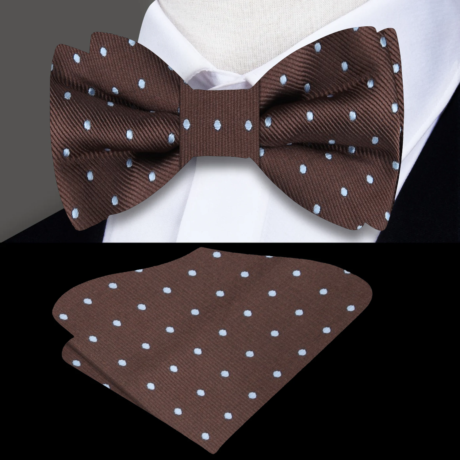 Brown, Light Blue Polka Bow with  Pocket Square