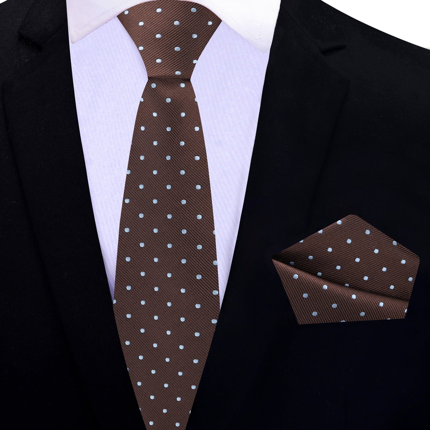 Thin Tie: Brown, Light Blue Polka Tie and Square