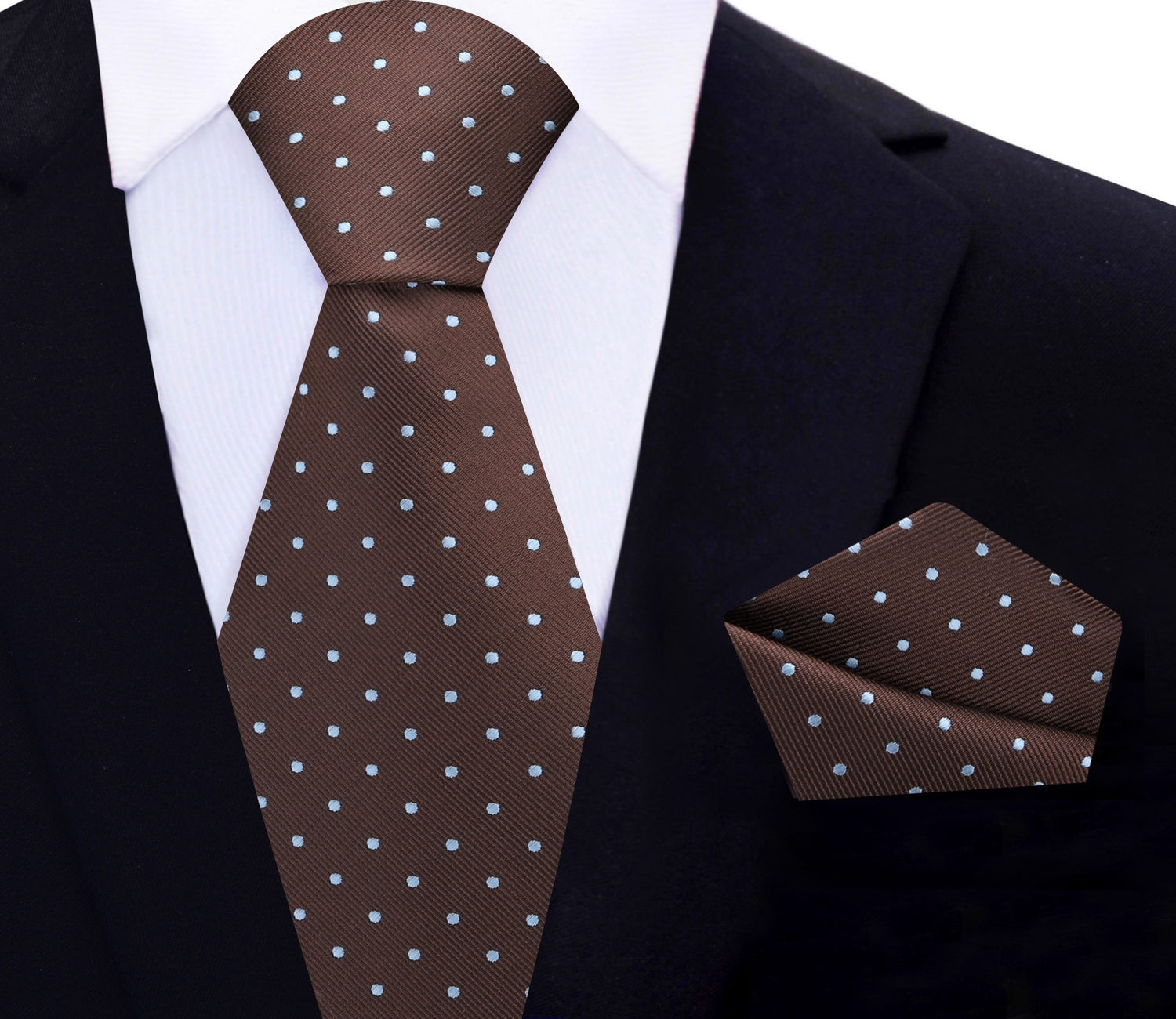 Brown, Light Blue Polka Tie and Square