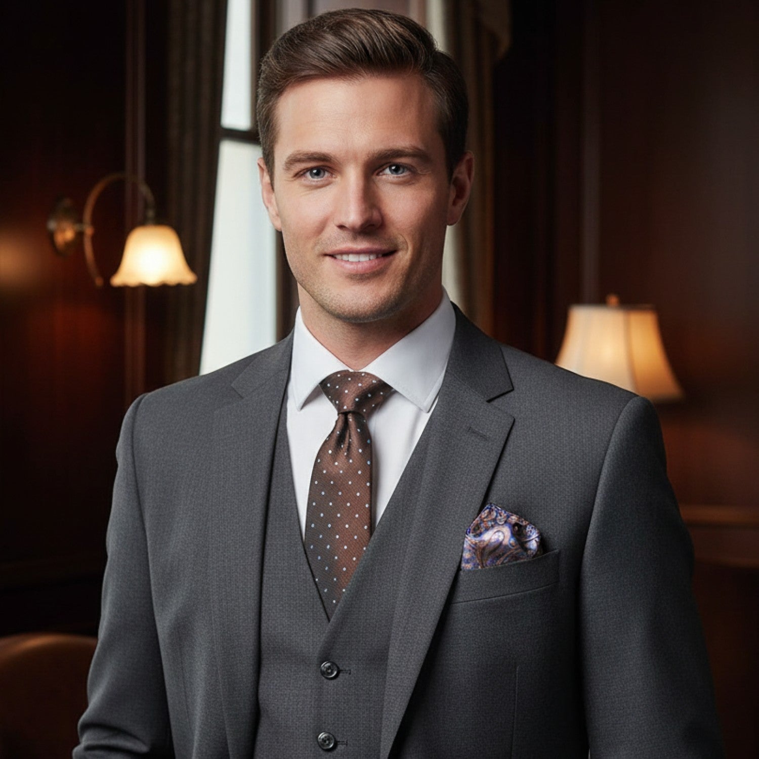 Brown Necktie with Light Blue Dots