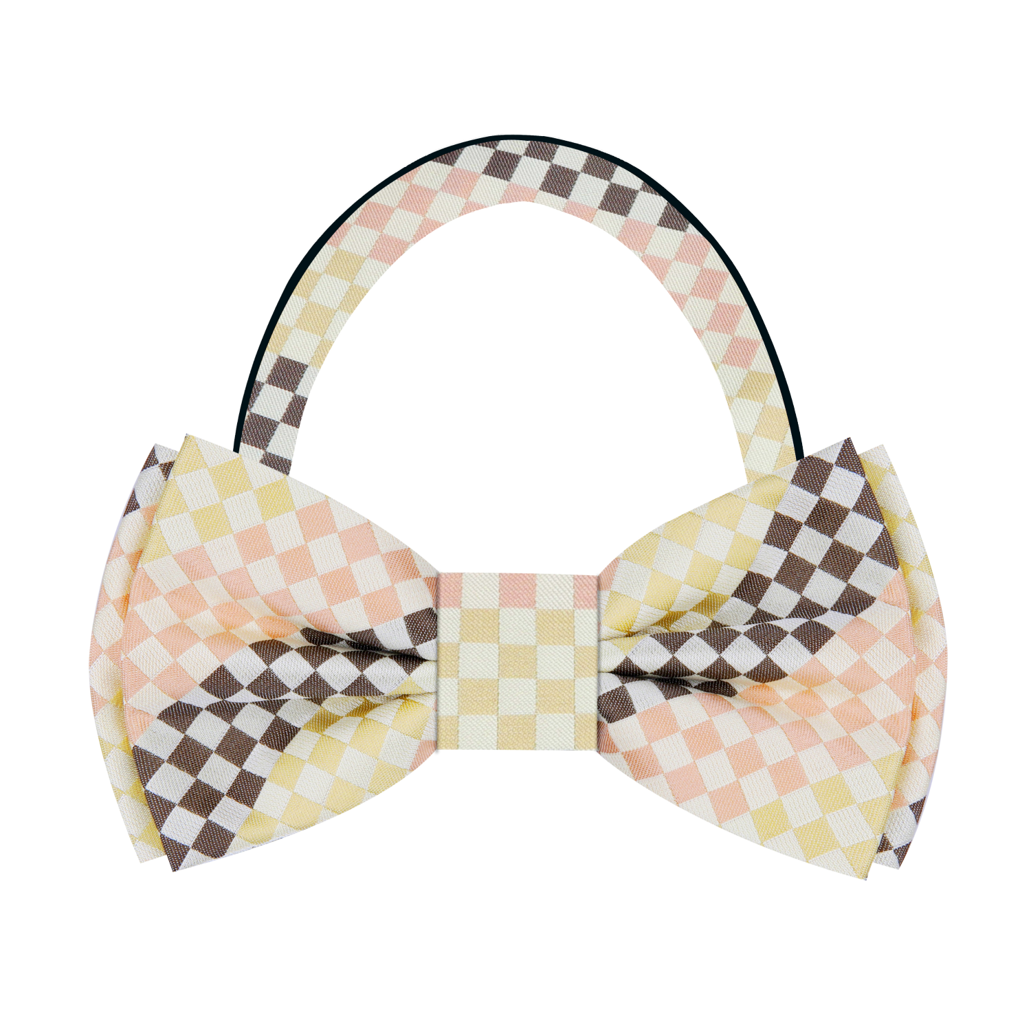 Peach, Brown, Light Yellow Check Bow Tie Pre Tied