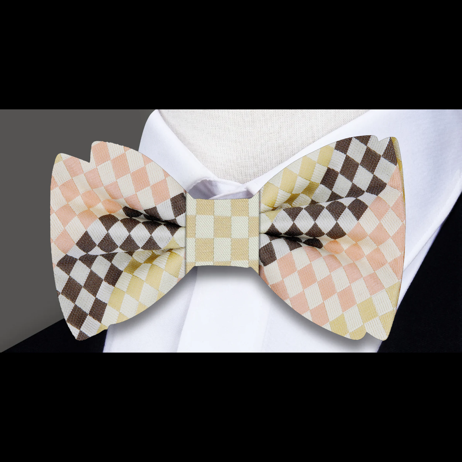 Peach, Brown, Light Yellow Check Bow Tie  