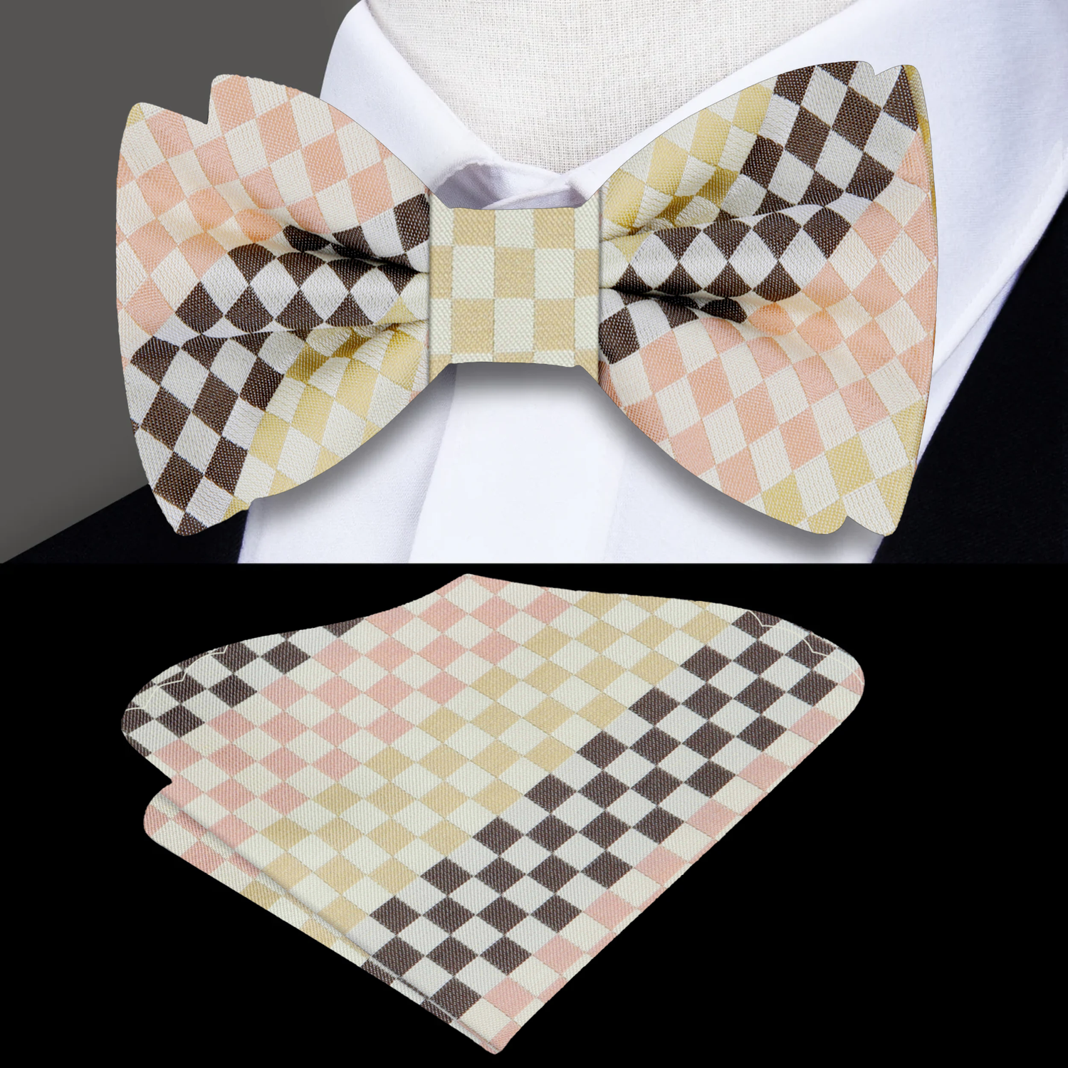 Peach, Brown, Light Yellow Check Bow Tie and Pocket Square