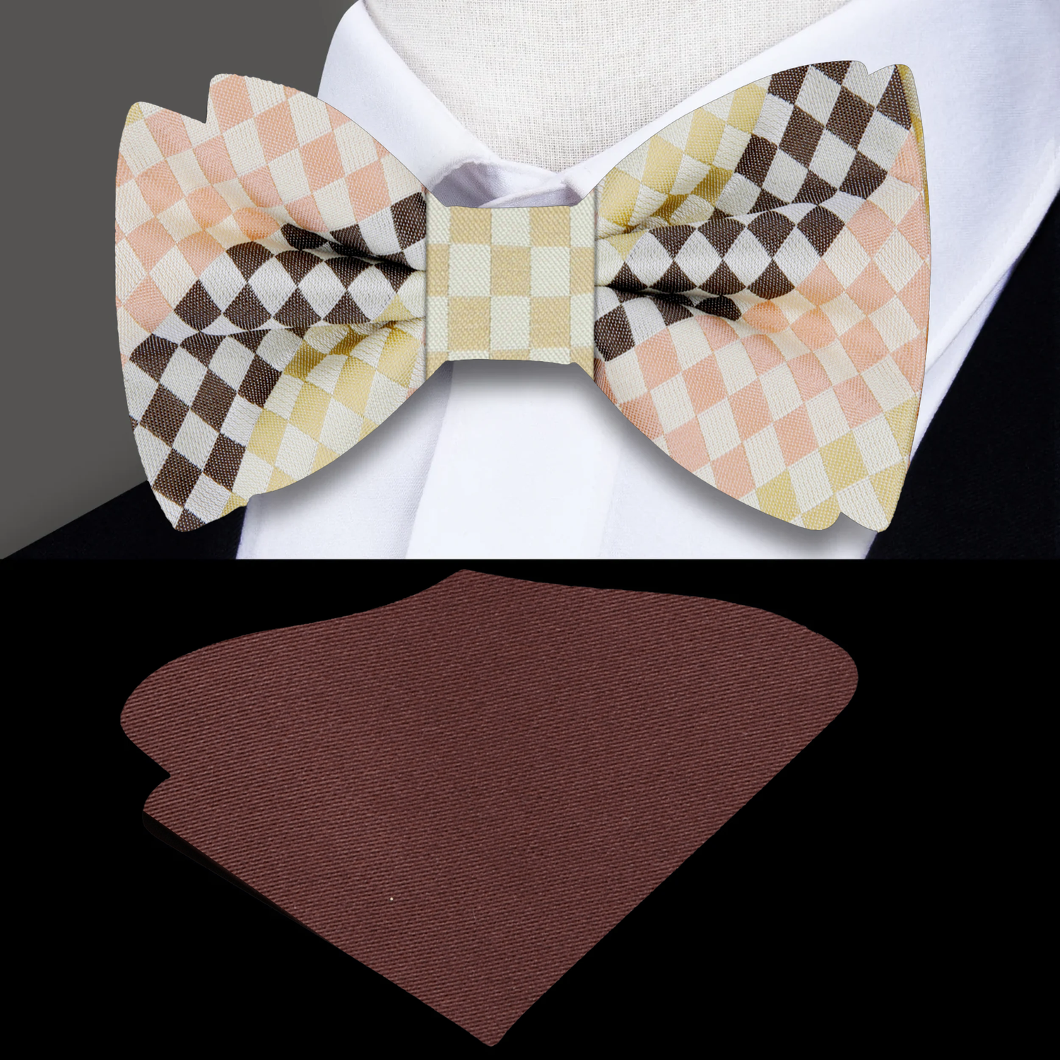 Peach, Brown, Light Yellow Check Bow Tie and Brown Pocket Square