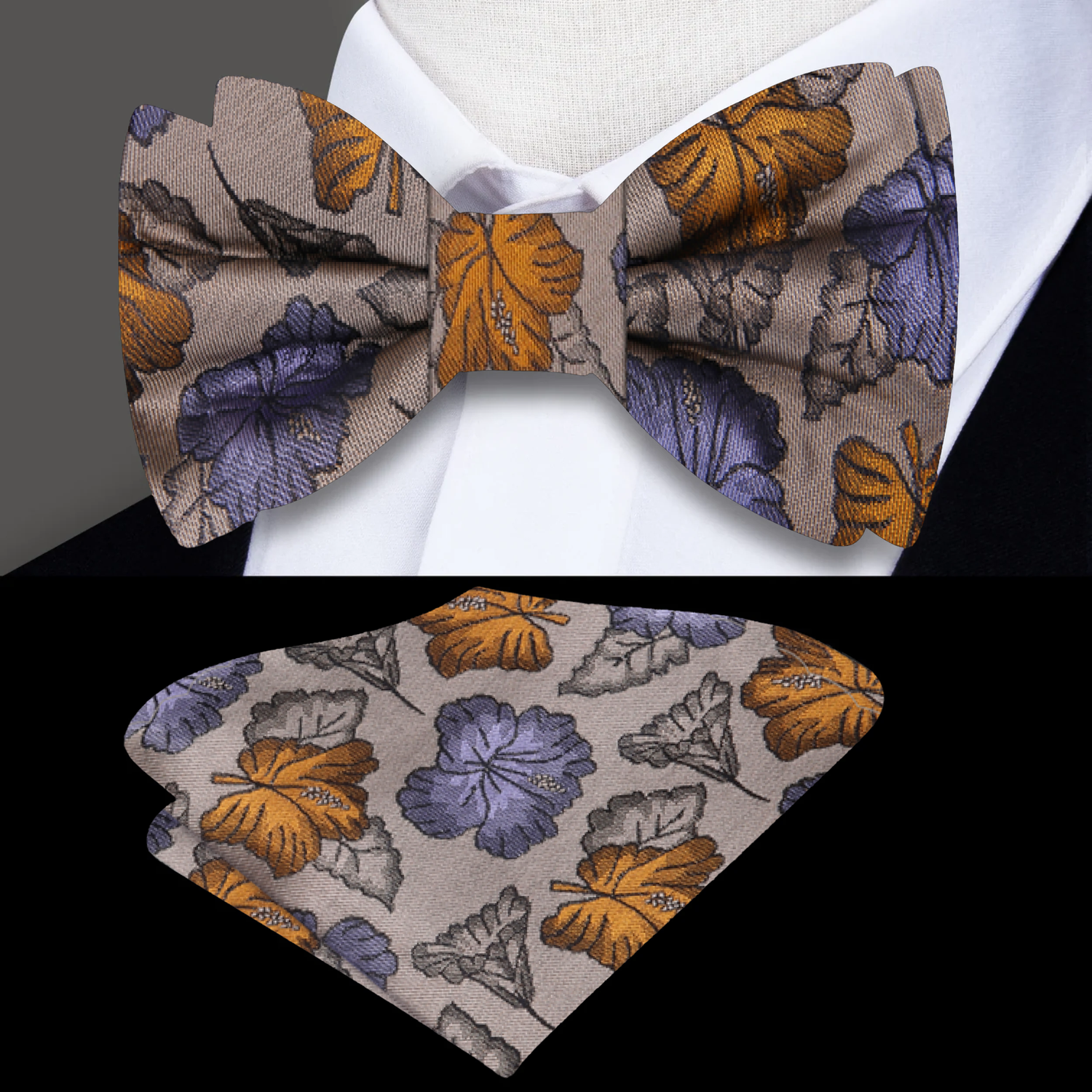 Light Brown, Orange, Purple Leaves and Flowers Bow Tie and Square