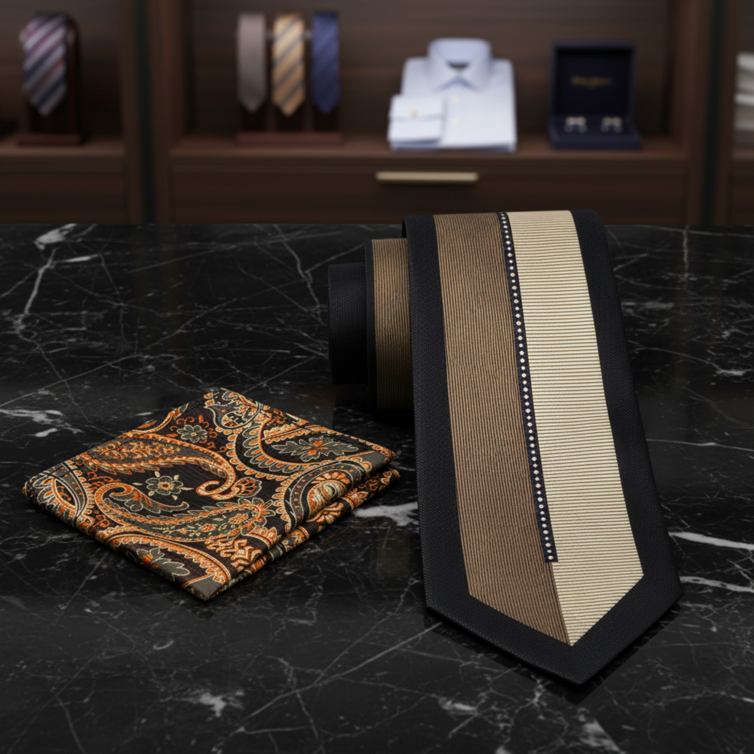 A men's necktie and matching pocket square set on a plain white background. The necktie features a black border, a central vertical stripe in brown and cream with tiny white dots, and a patterned paisley design in brown, gold, and black.