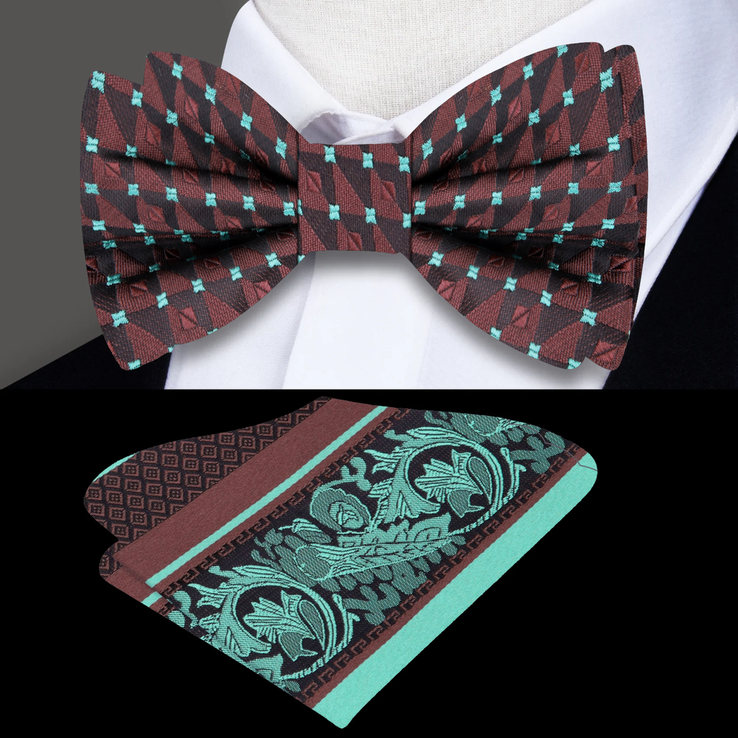 Brown Mint Geometric Bow Tie and Accenting Square