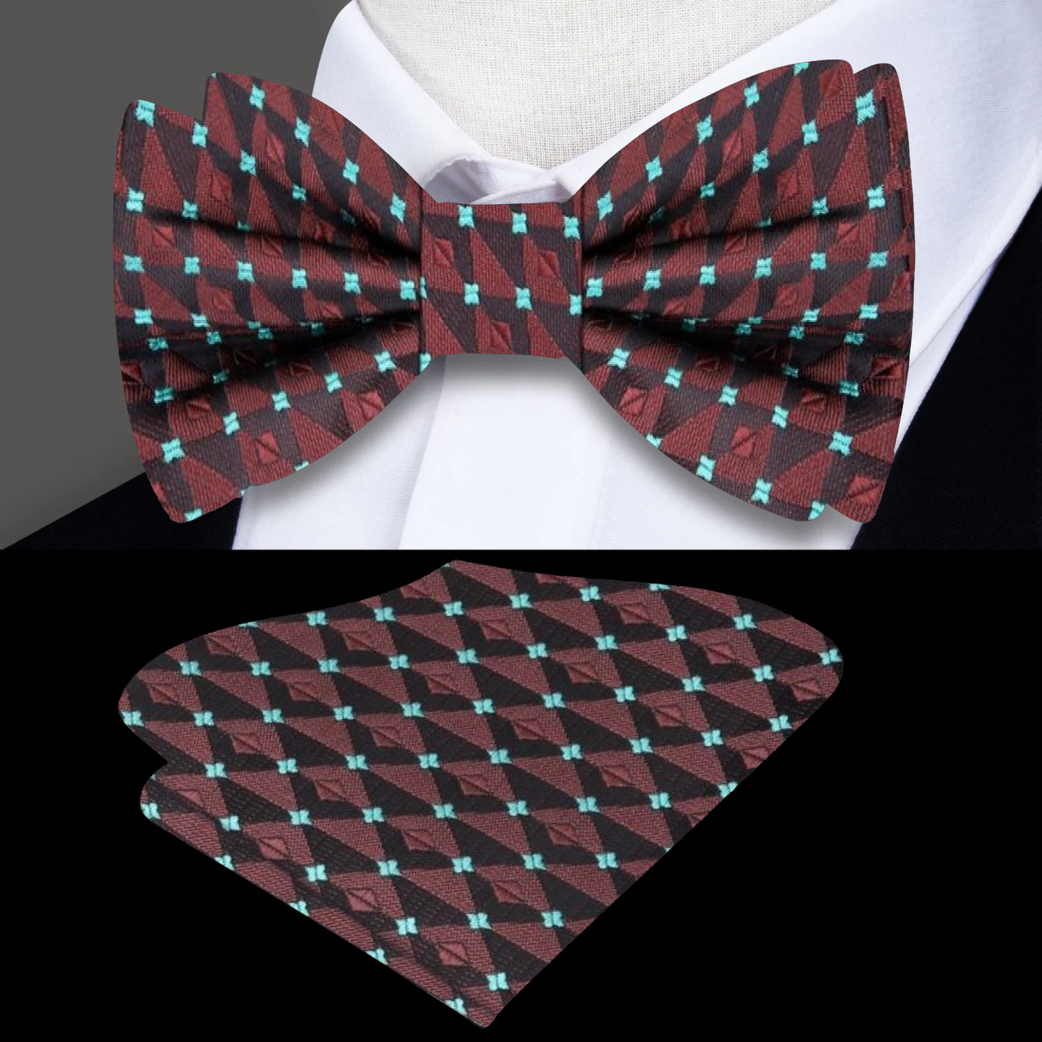Chocolate And Mint Green Geometric Bow Tie And Pocket Square
