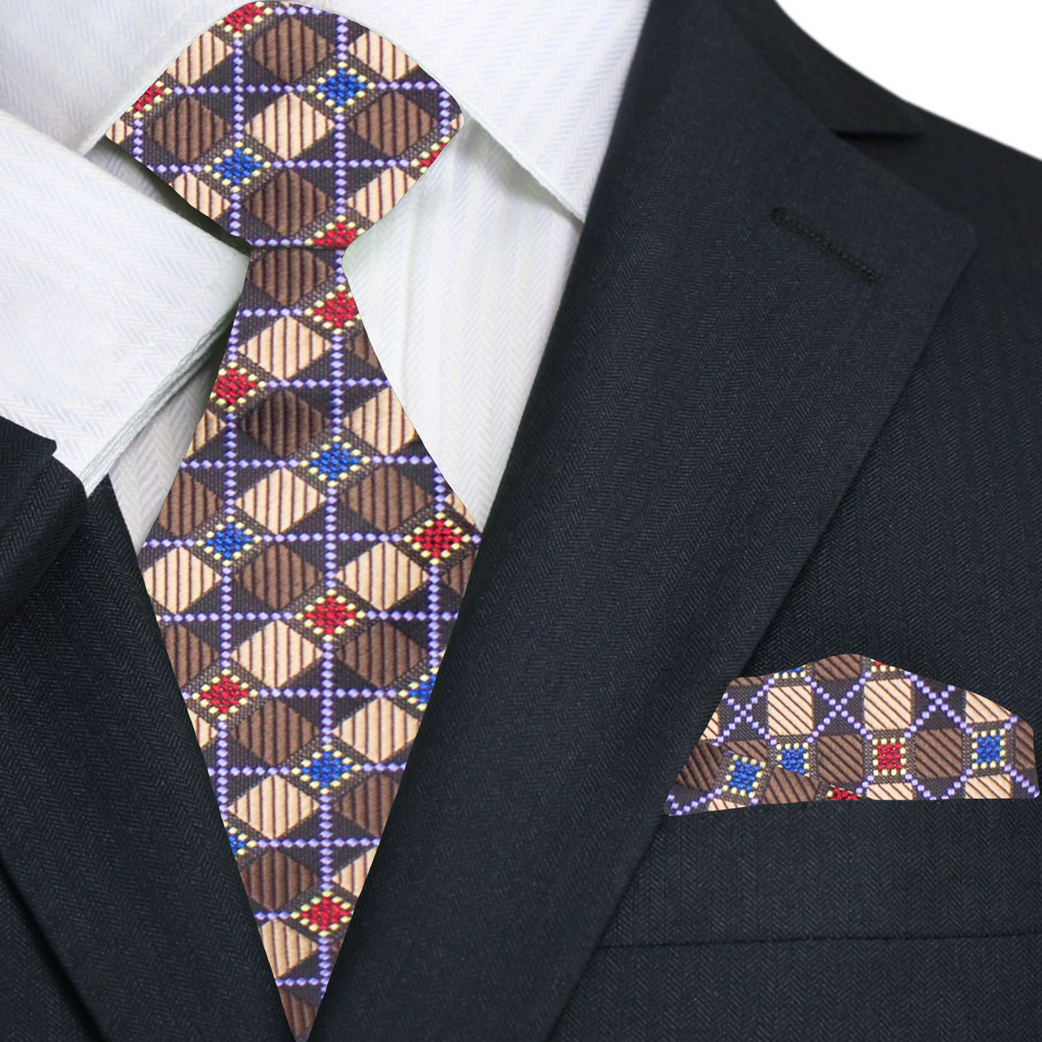 Brown, Red, Blue and Light Purple Geometric Silk Necktie and Matching Silk Square