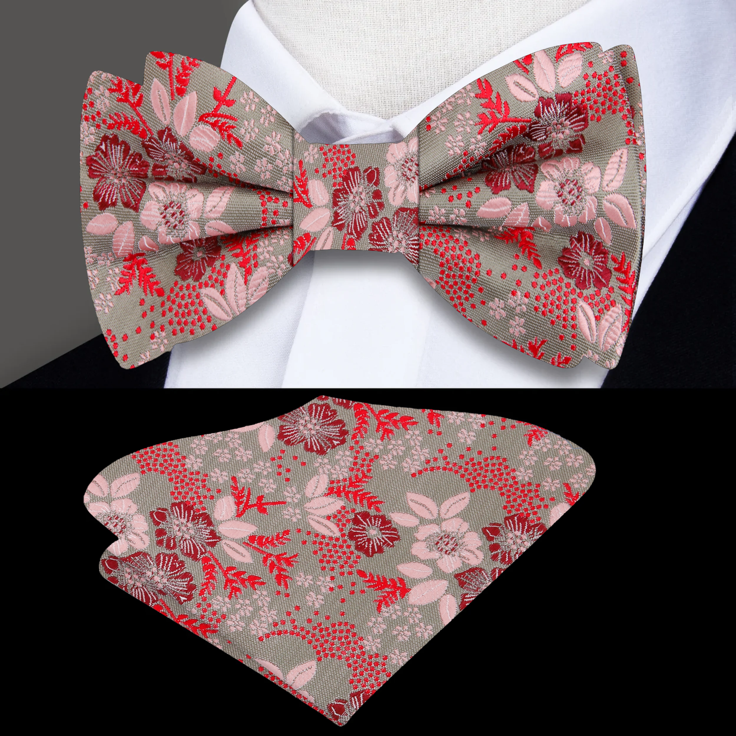 Barely Olive, Red Floral Bow Tie and Square