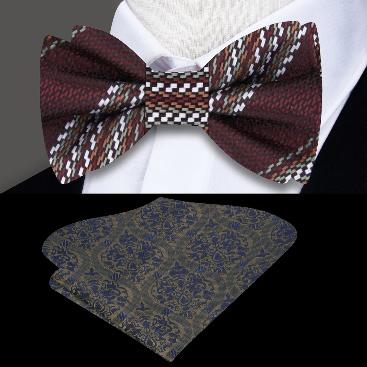 Brown White Olive Stripe Bow Tie and Accenting Square