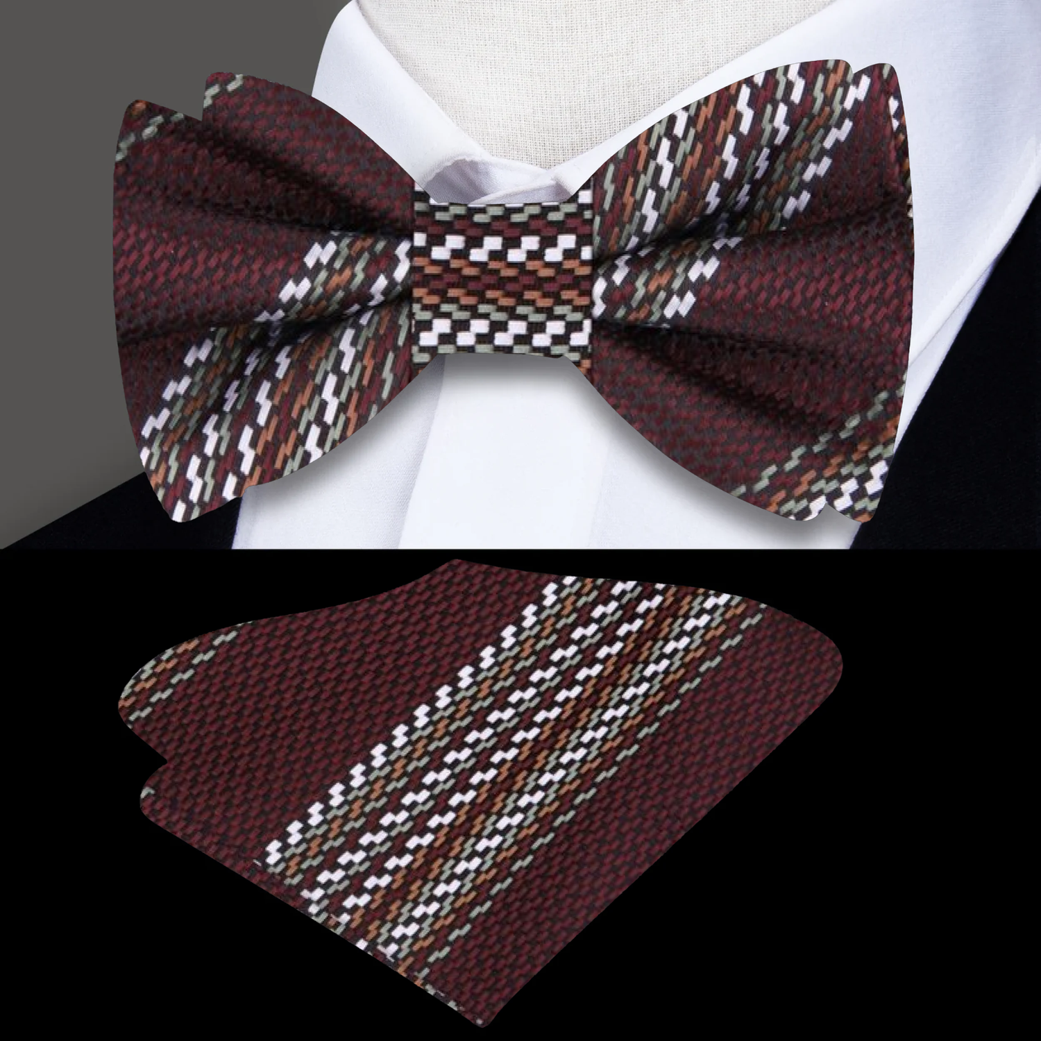 Mahogany, Pale Olive, White, Brown Geometric Bow Tie and Pocket Square