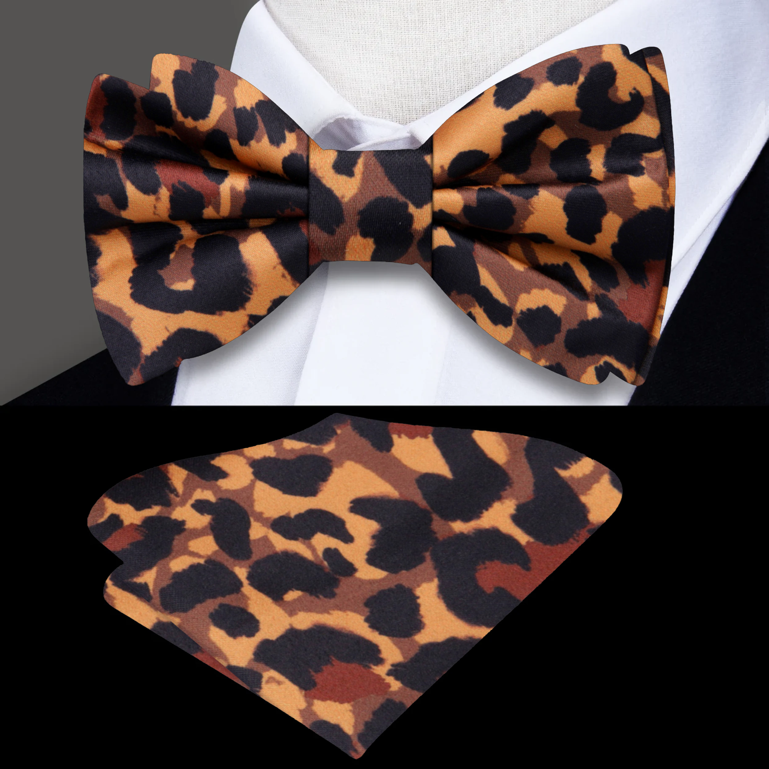 Leopard print bow tie and pocket square set on a mannequin with a white shirt.