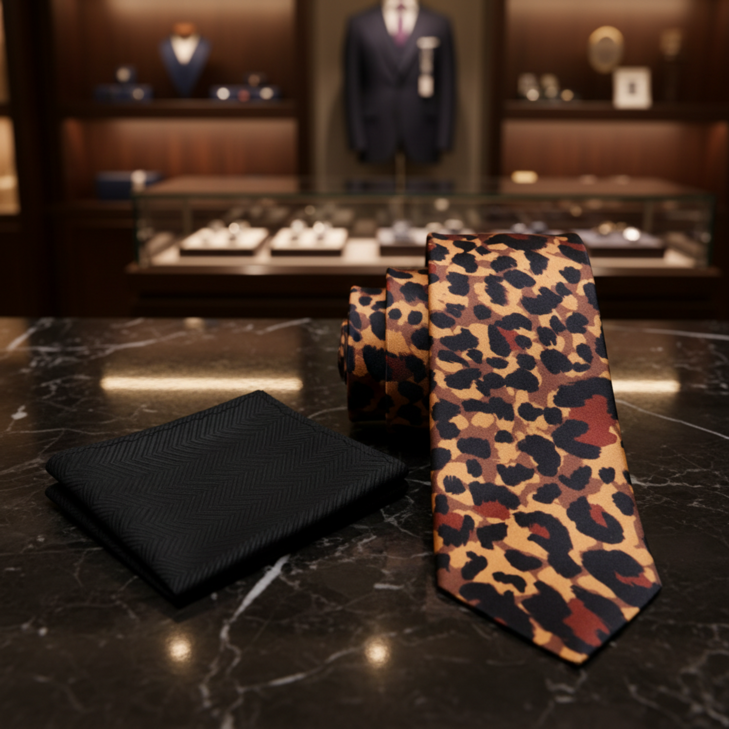 A men's necktie and matching pocket square set on a white background. The necktie features a classic leopard print pattern in tan, brown, and black, while the matching pocket square is solid black with a subtle herringbone texture.