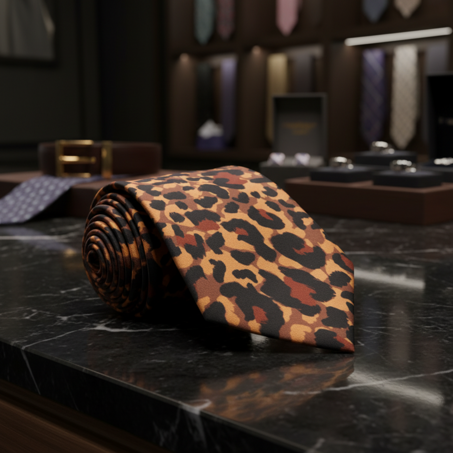 A rolled-up necktie featuring a classic leopard print pattern with black, dark brown, and tan spots on a warm brown background 