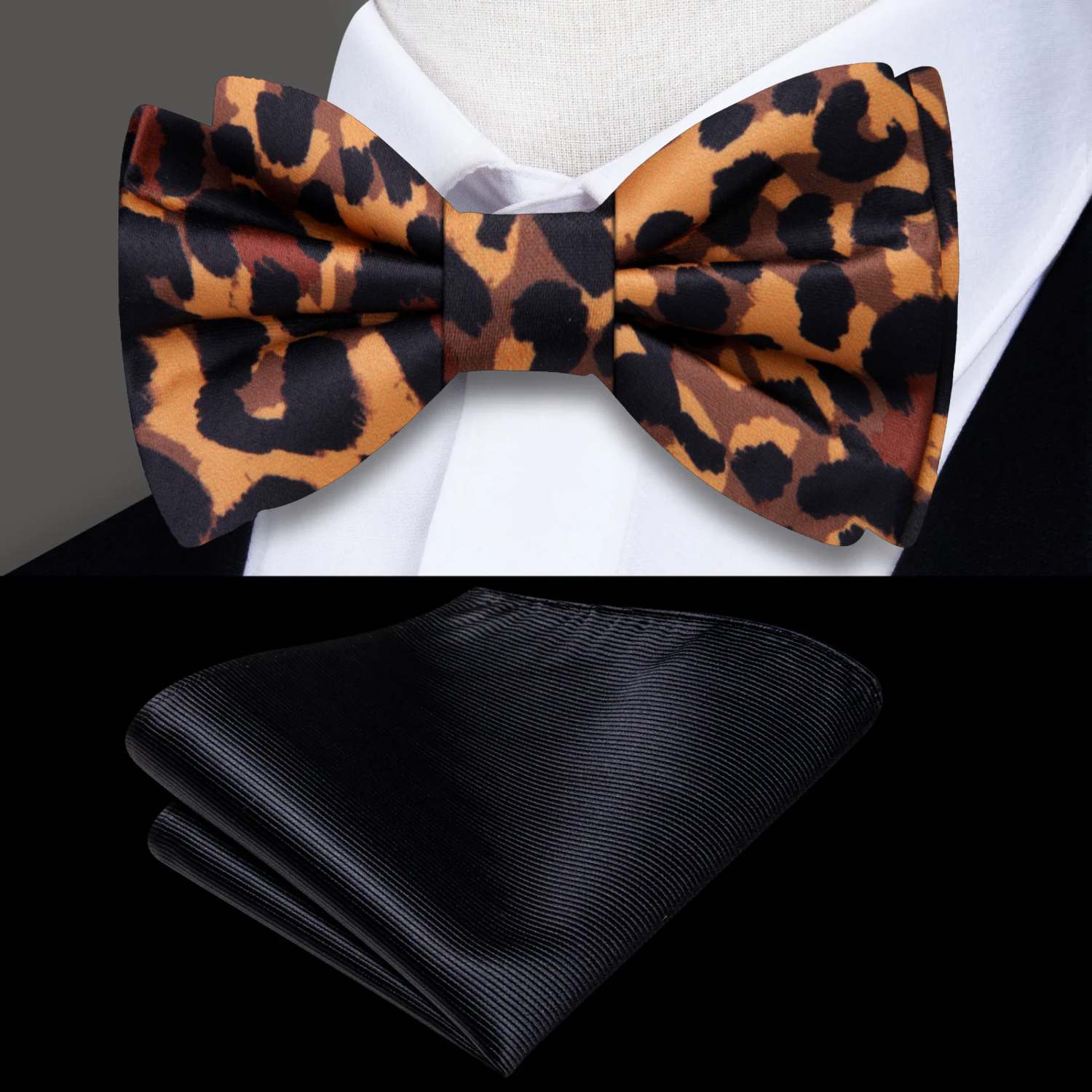 Leopard print bow tie and black pocket square on a mannequin with a white shirt.