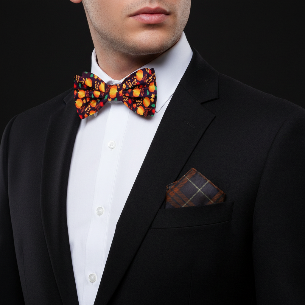 Man wearing a black suit with a colorful bow tie and plaid pocket square on a black background