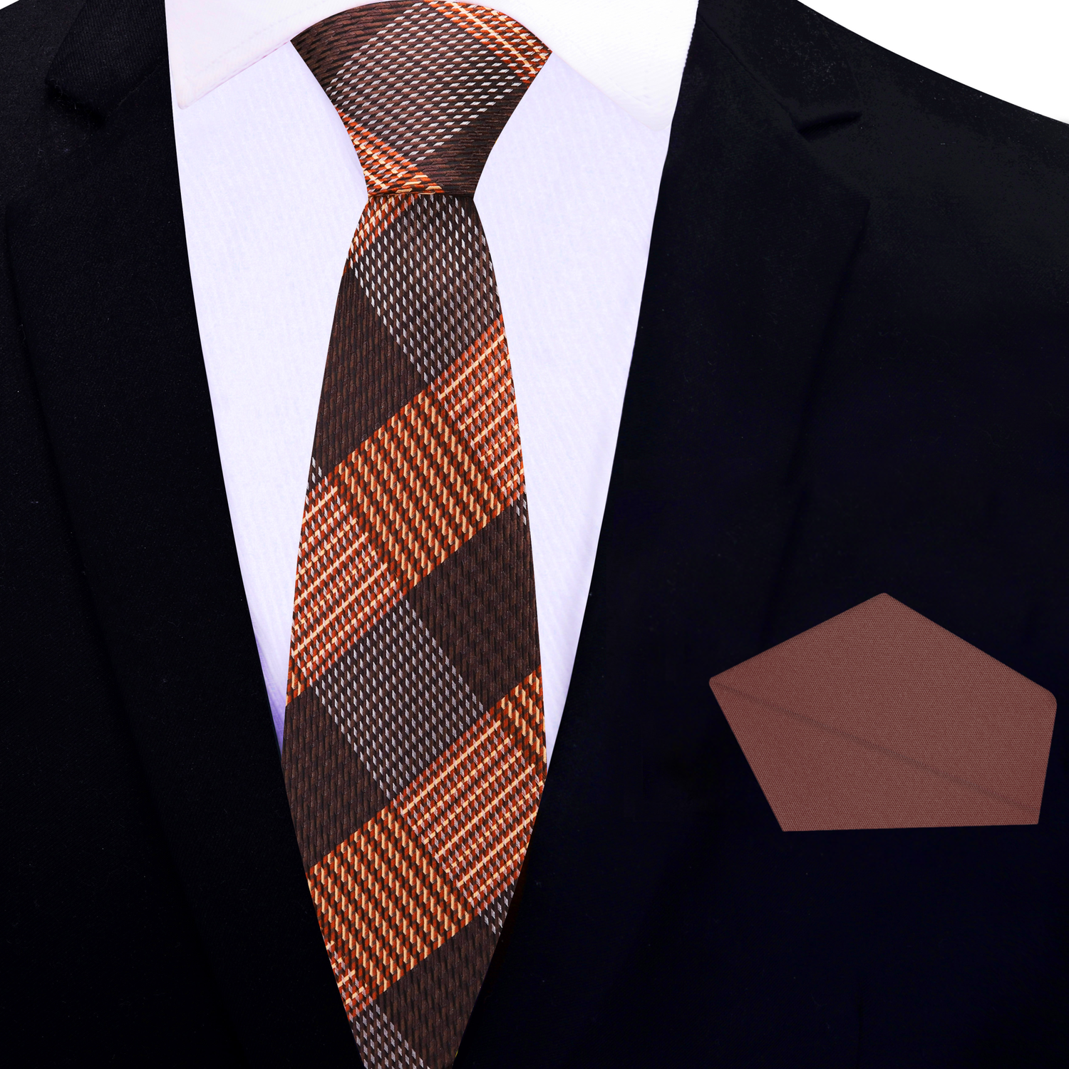 Thin Tie: Brown Plaid Necktie and Brown Square