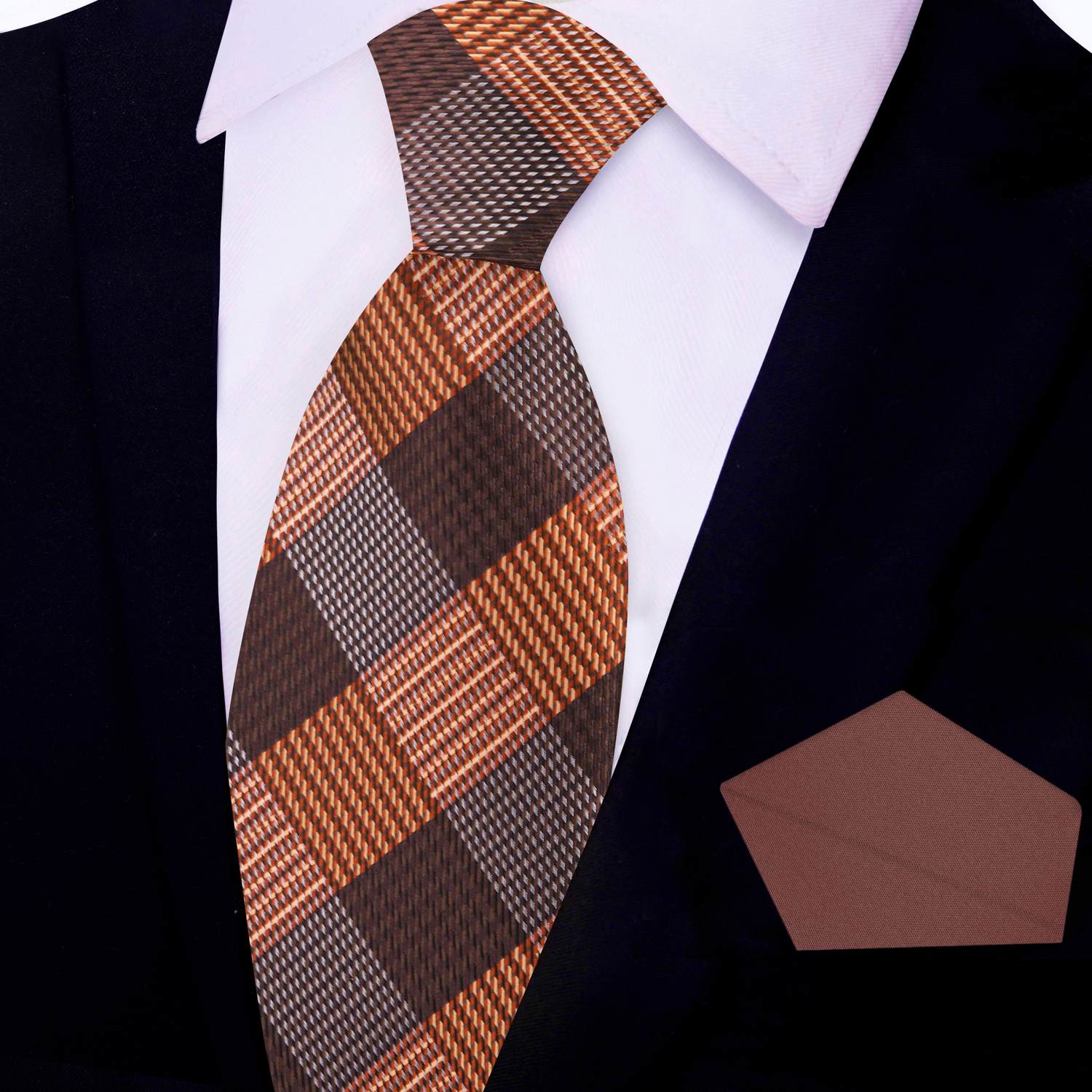 Brown Plaid Necktie and Brown Square