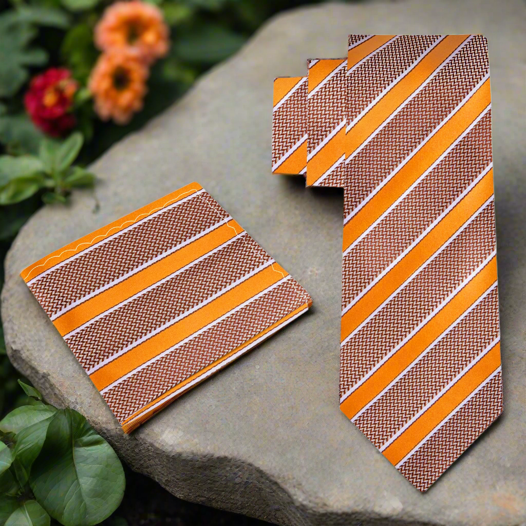 Brown and Orange Stripe Necktie and Square