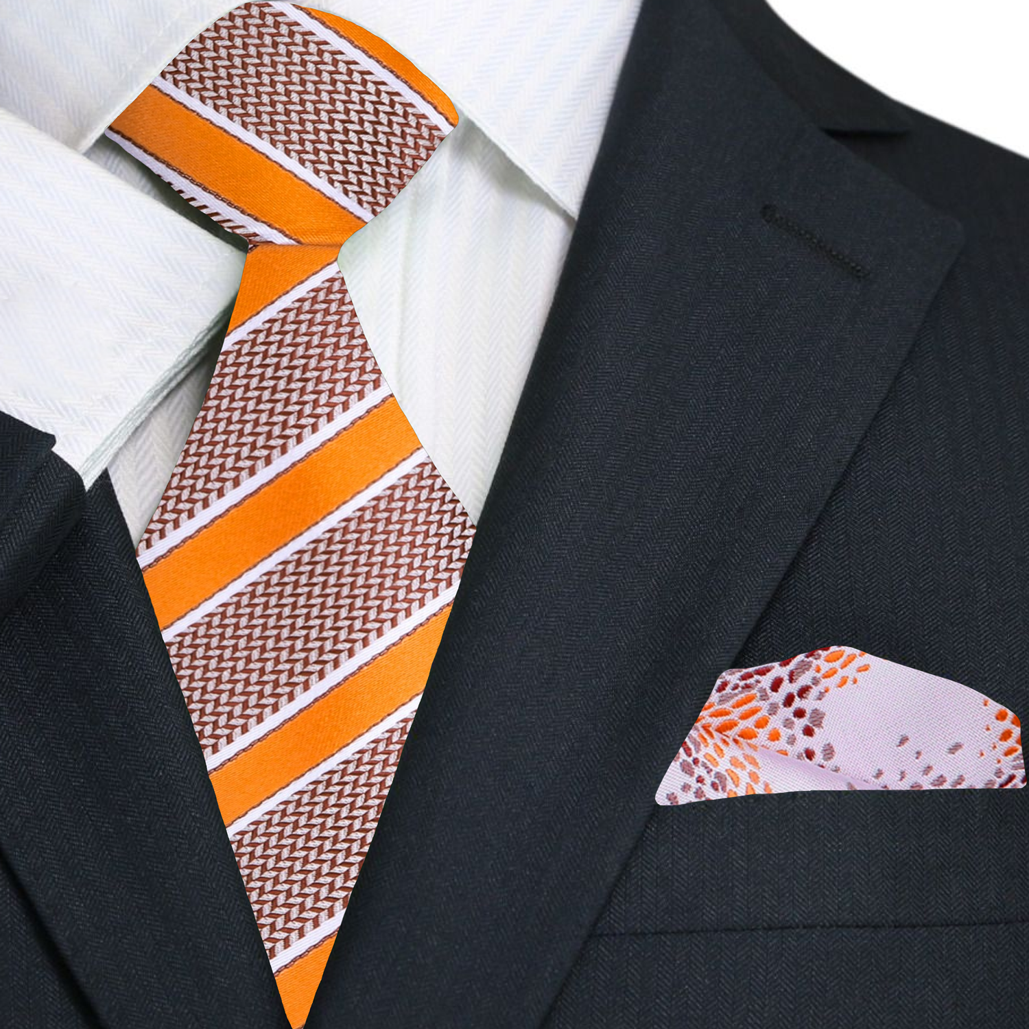 Primary Brown, Orange Stripe Necktie and Accenting Square