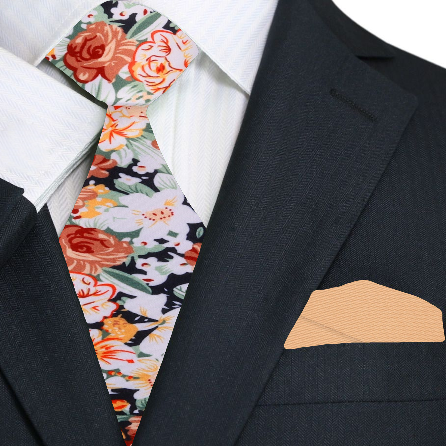 Premium Brown, Orange, White, Green Sketched Flowers Tie and Light Orange Square