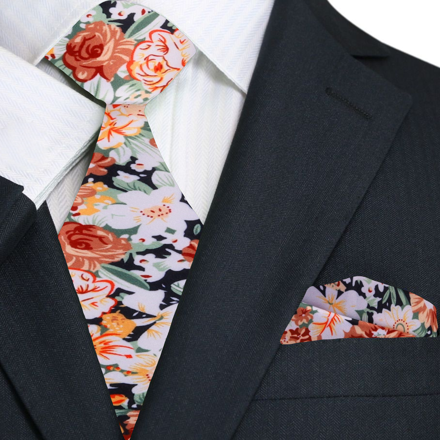 Premium Brown, Orange, White, Green Sketched Flowers Tie and Matching Square