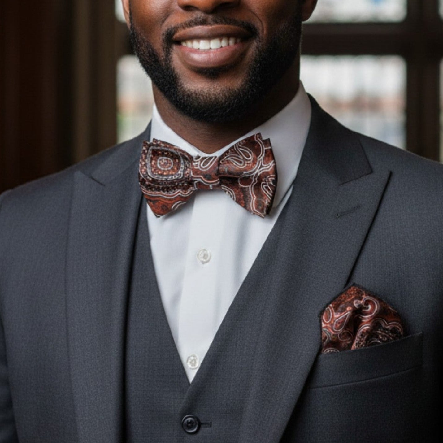 Man in a gray suit with a patterned bow tie and pocket square, standing in front of a stained glass window.