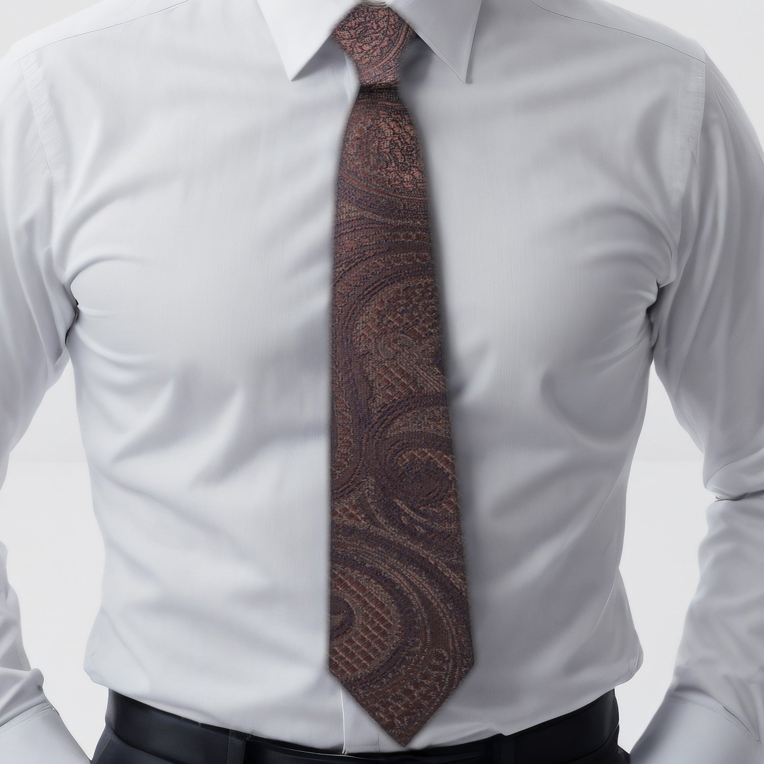 Brown Paisley Necktie on white Shirt