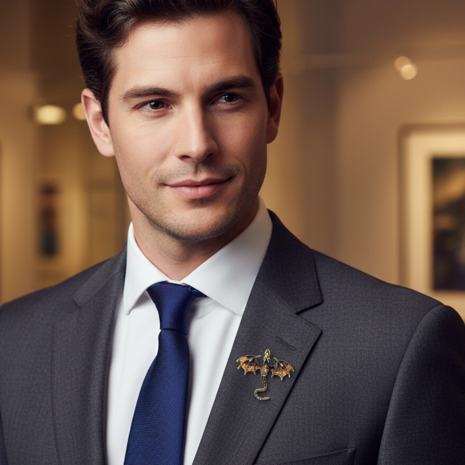 Man wearing a gray suit with a blue tie and decorative brooch in an indoor setting