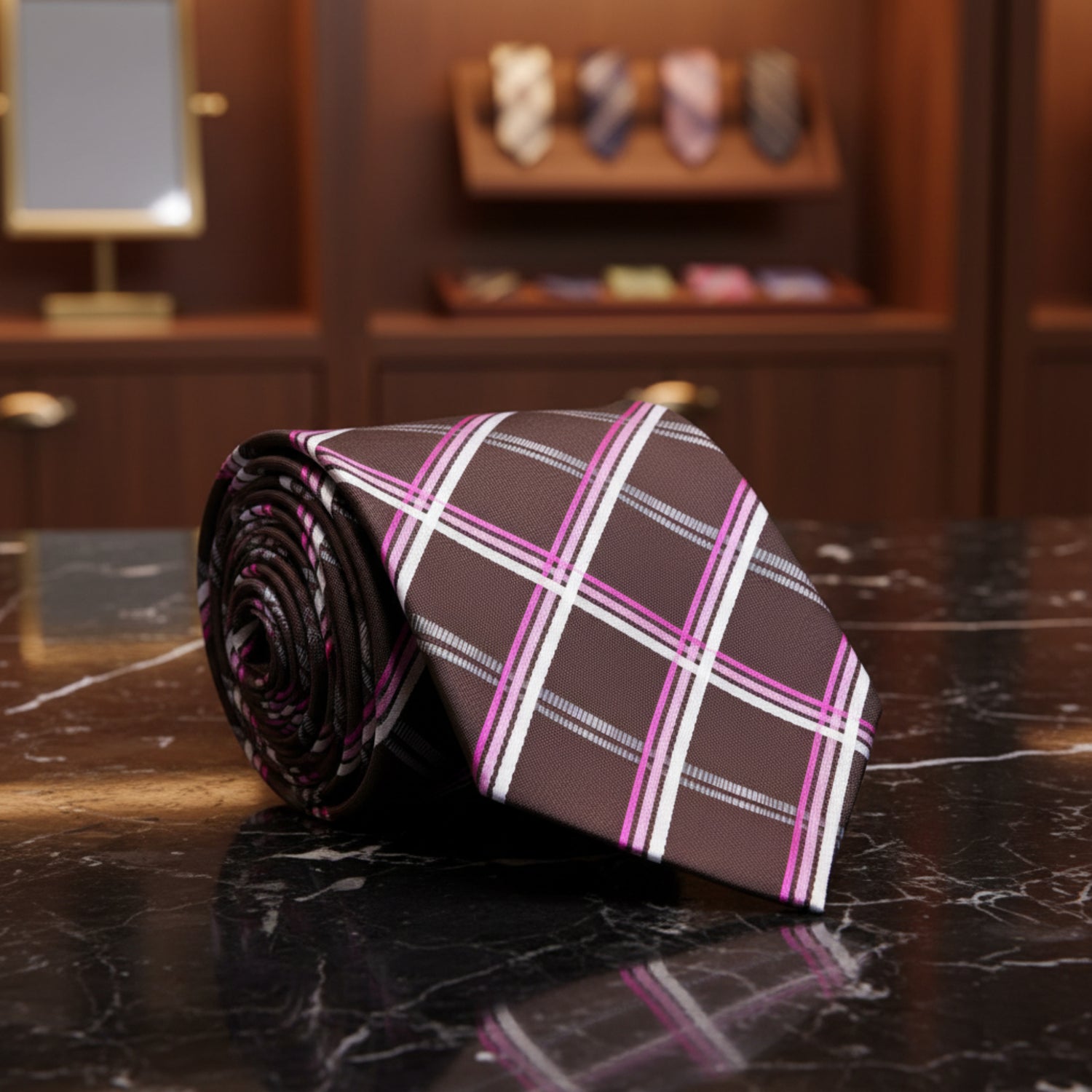 Plaid tie on a dark surface with a blurred background of clothing racks.