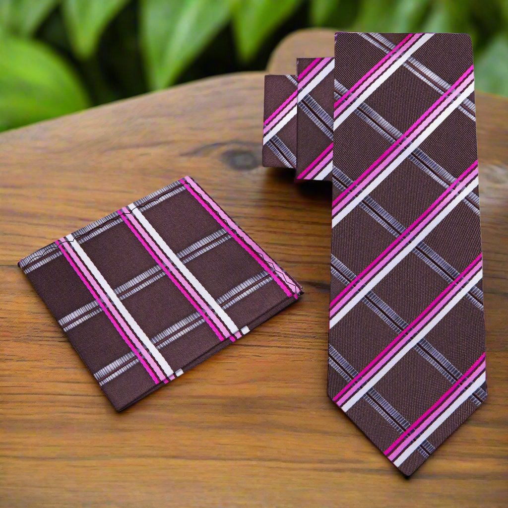 View 2: Brown, Pink Plaid Necktie & Square