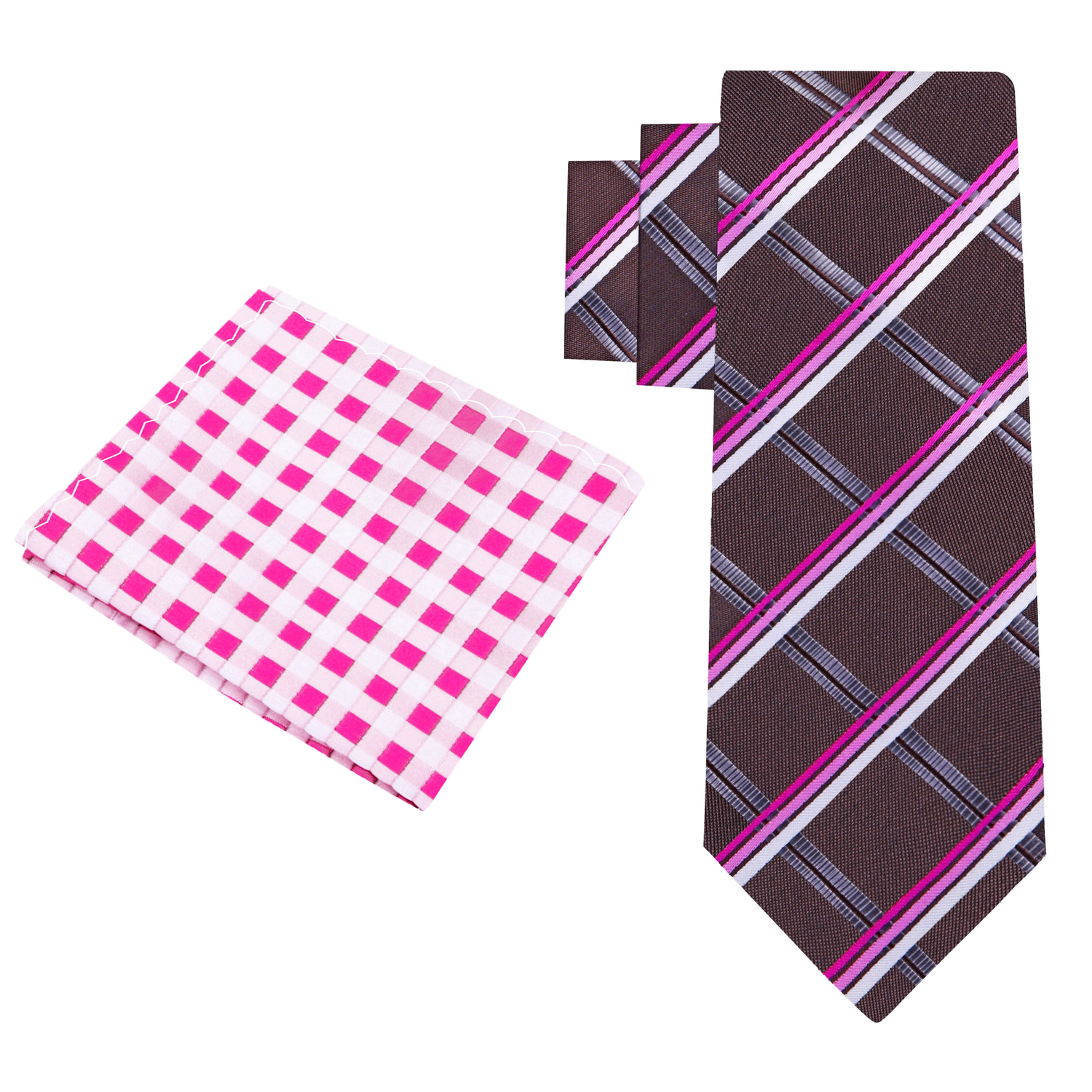 View 2: Brown, Pink Plaid Necktie & Accenting Square