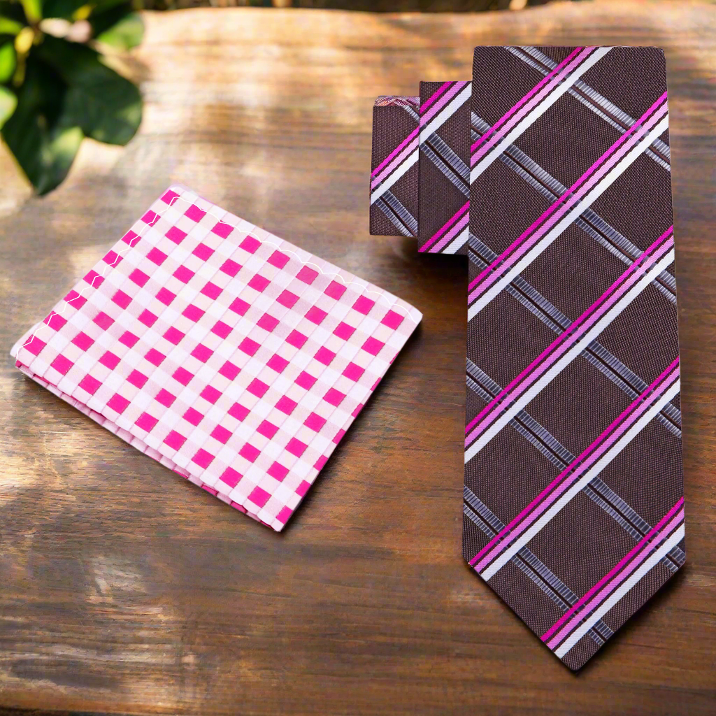 View 2: Brown, Pink Plaid Necktie & Accenting Square