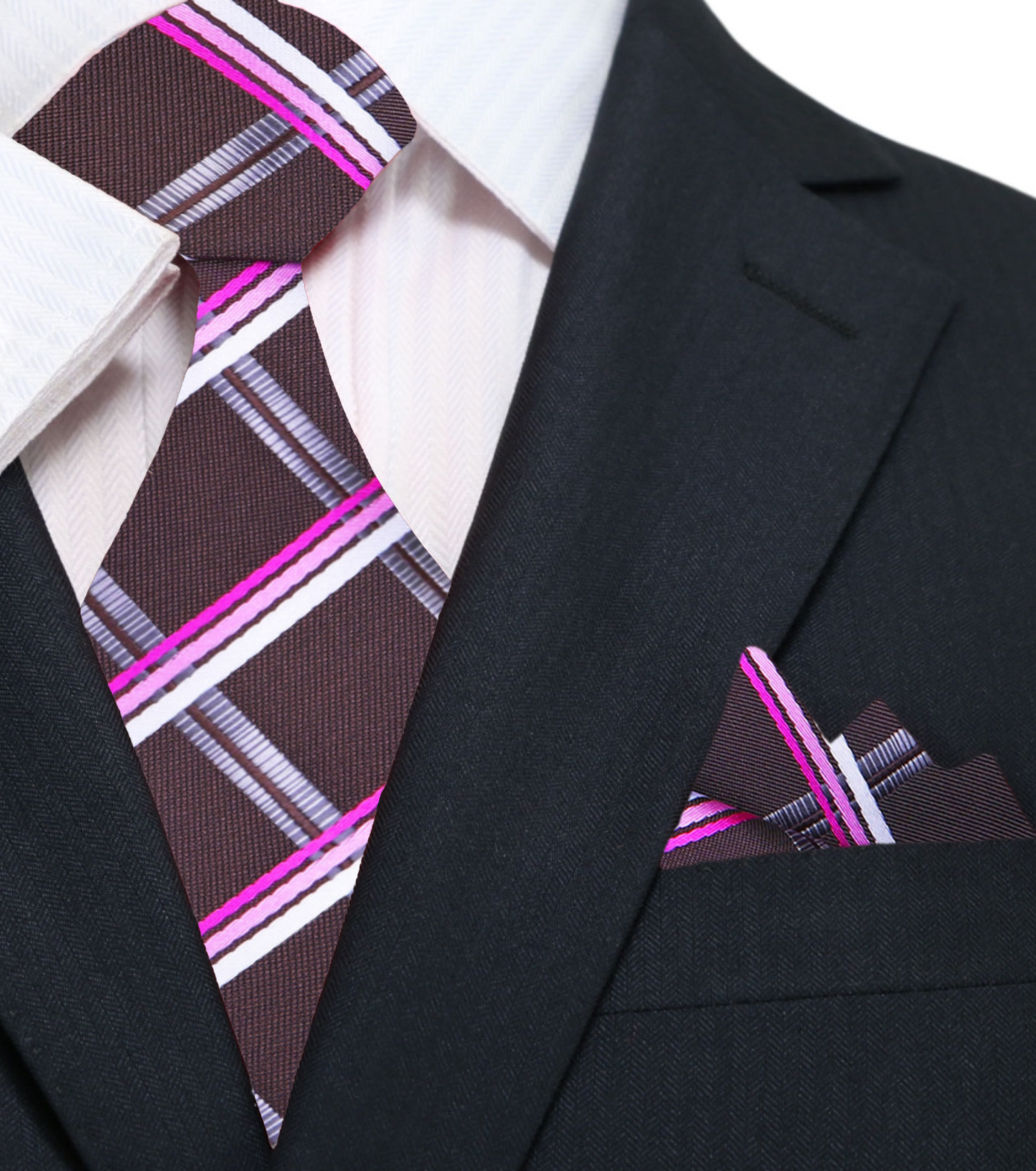 Brown, Pink Plaid Necktie & Square