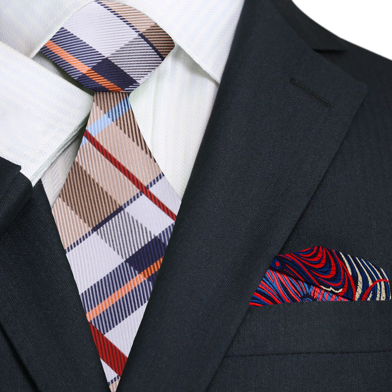 Premium Brown, Red, Blue Plaid Tie and Accenting Square