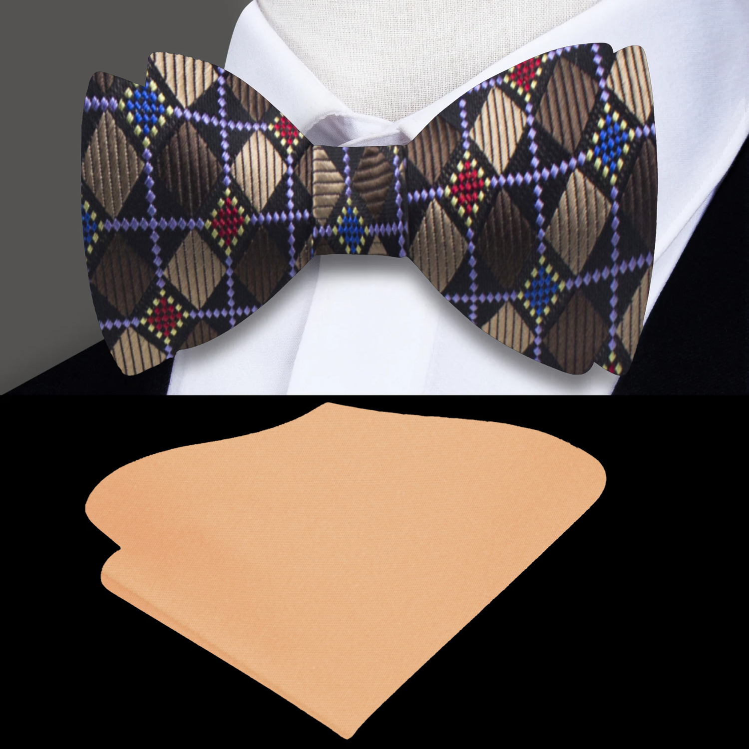 Brown, Red, Blue Geometric Diamonds Self Tie Bow Tie and Brown Square