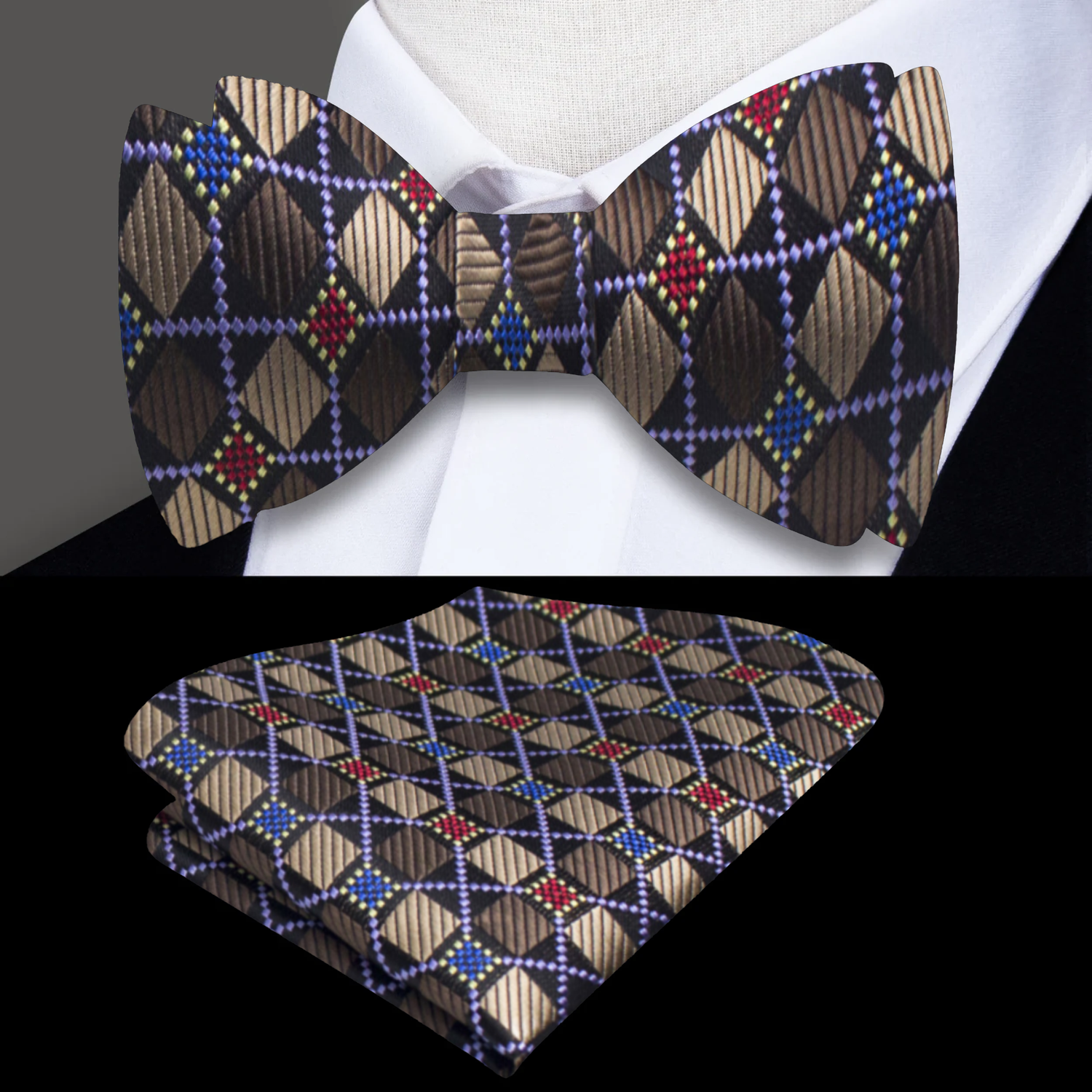Brown, Red, Blue Geometric Diamonds Self Tie Bow Tie and Matching Square