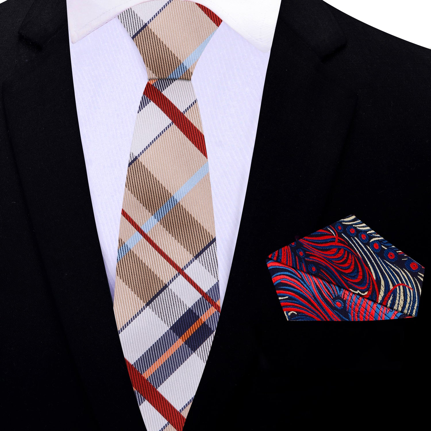 Thin Brown, Red, Blue Plaid Tie and Accenting Square