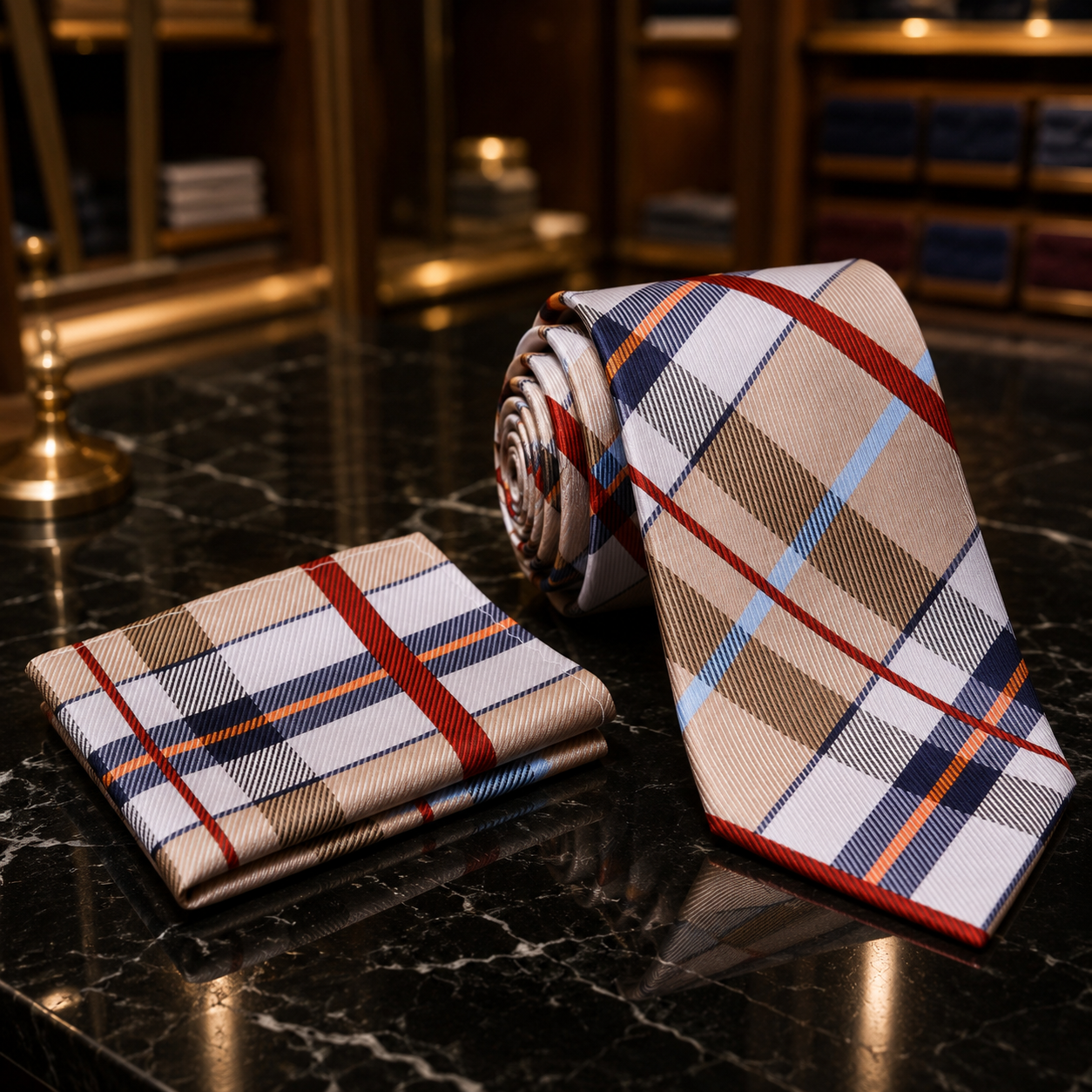 A men's necktie and matching pocket square set in a beige, brown, navy, red, and light blue plaid pattern, displayed on a polished black marble surface.