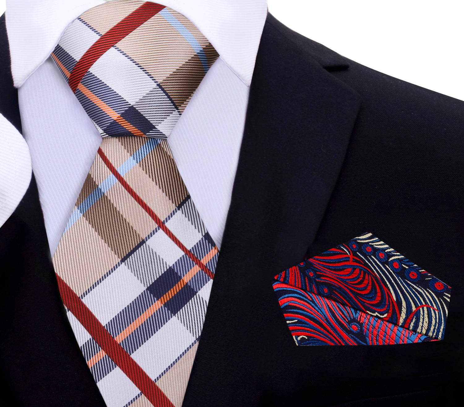 Main Brown, Red, Blue Plaid Tie and Accenting Square