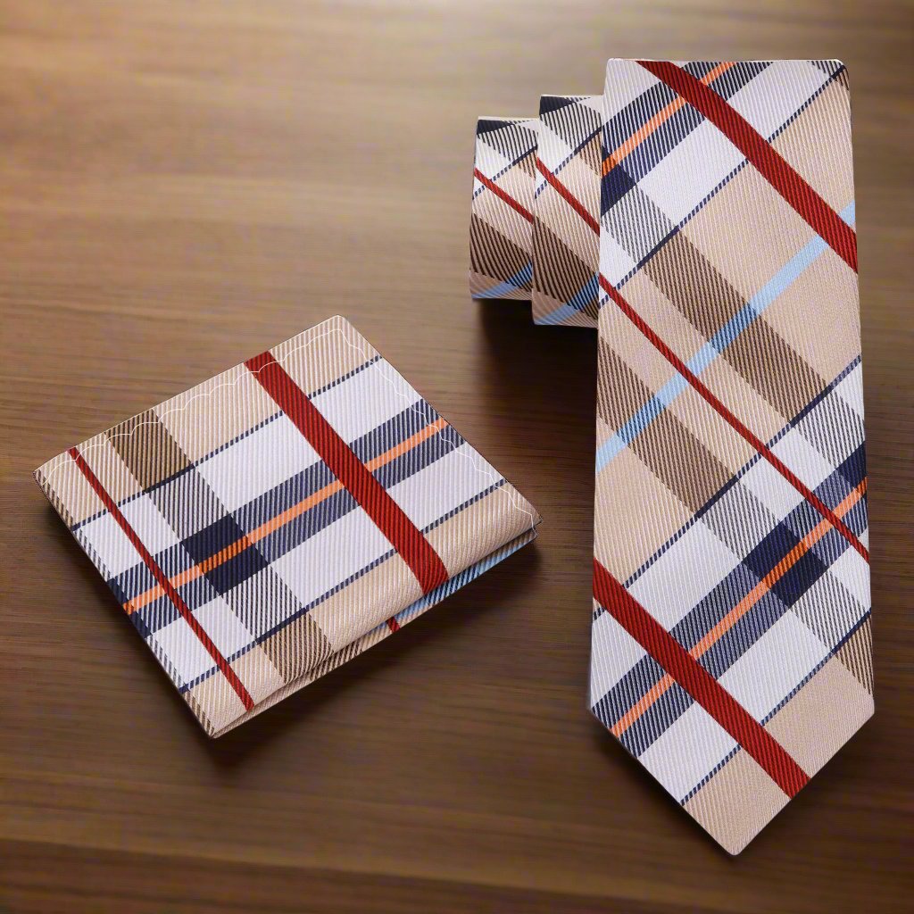 Alt Brown, Red, Blue Plaid Tie and Square