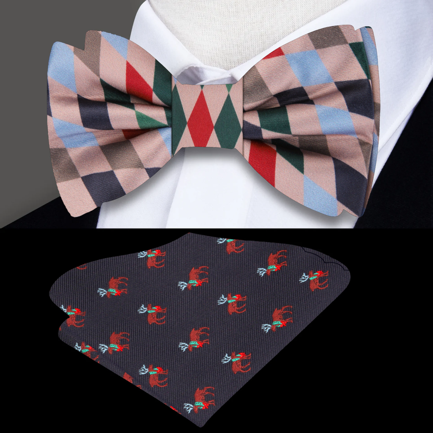 Red, Green, Brown, Blue Harlequin Diamonds Bow Tie and Accenting Pocket Square