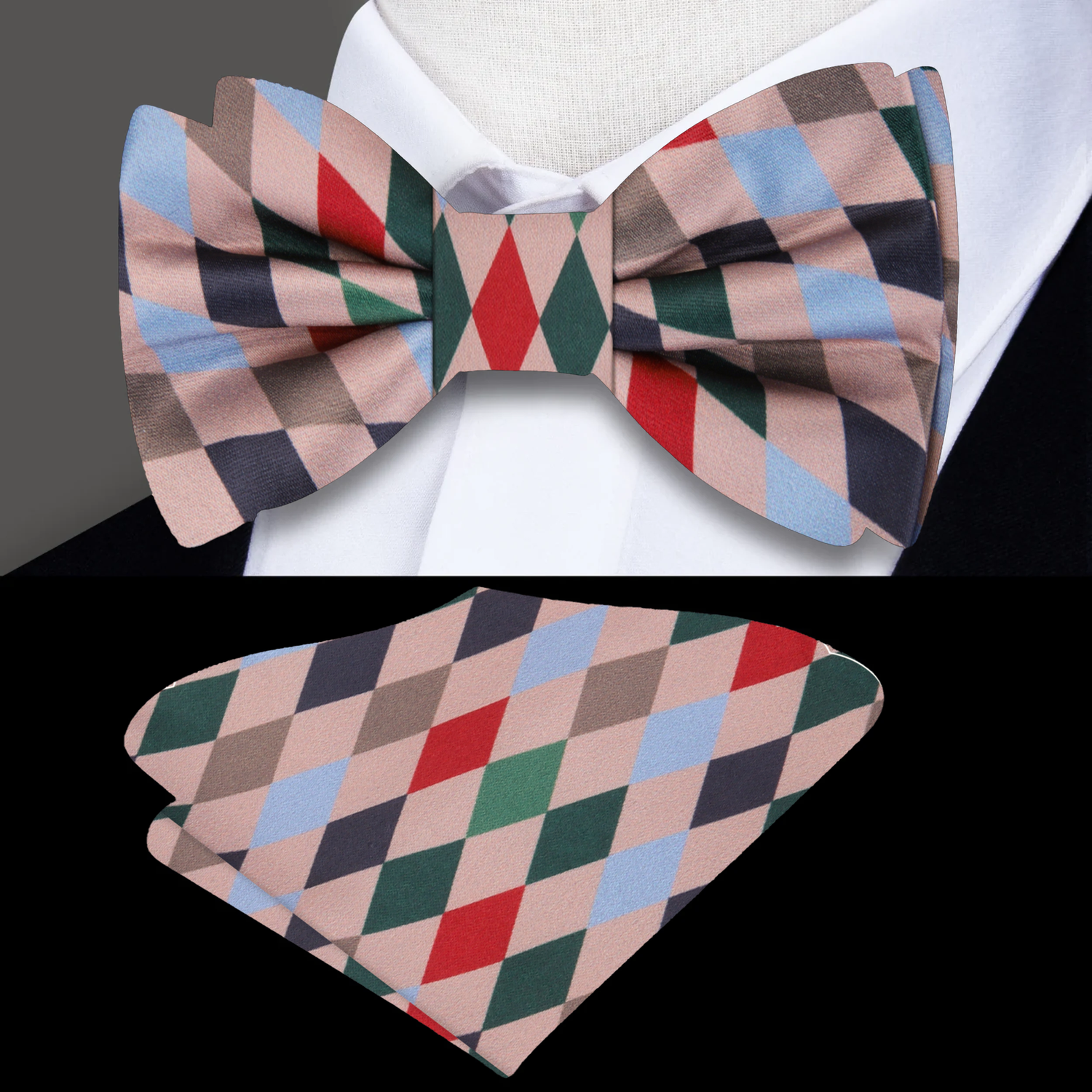 Red, Green, Brown, Blue Harlequin Diamonds Bow Tie and Pocket Square