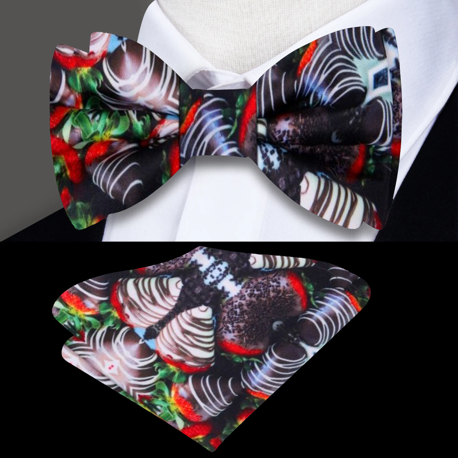 Red, Brown, White Chocolate Covered Strawberries Bow tie and Pocket Square
