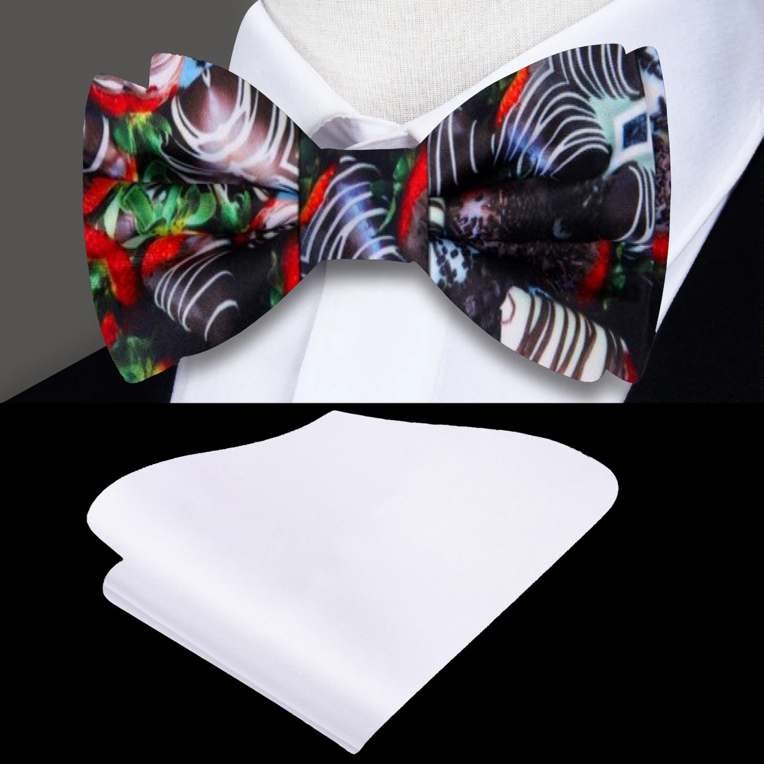 Red, Brown, White Chocolate Covered Strawberries Bow tie and White Pocket Square